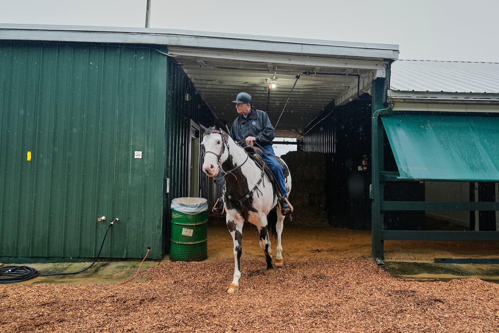 FILE - Trainer D. Wayne Lukas rides atop a horse during morning workouts ahead of the 150th running of the Preakness Stakes, May 13, 2025, at Pimlico Race Course in Baltimore. (AP Photo/Stephanie Scarbrough, File)