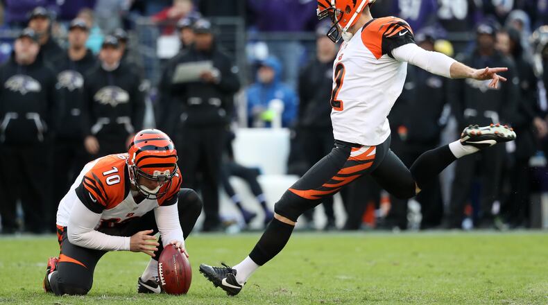 Former Bengals kicker Mike Nugent hits a fourth quarter field goal against the Ravens at M&T Bank Stadium on November 27, 2016 in Baltimore. Released by Cincinnati late last season, he has signed with the Giants.