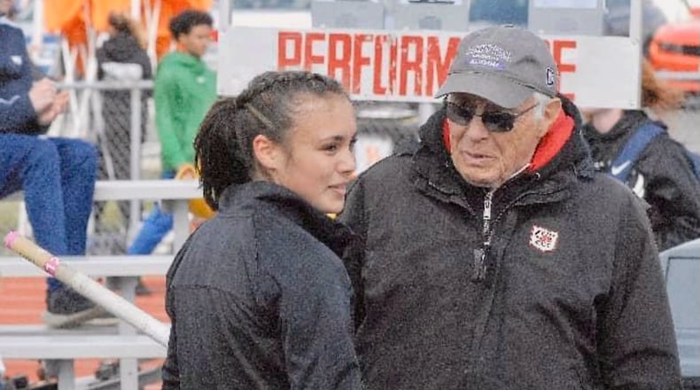 Troy track coach Herb Hartman, right, is pictured with Sophie Fong. Photo courtesy of David Fong