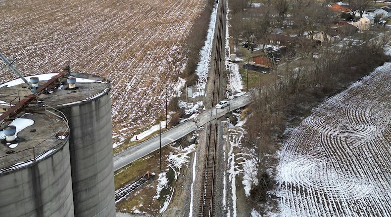 This aerial shows where West Elkton Road and the railroad tracks cross in St. Clair Twp. An access road will be built parallel to the tracks that will give residents and emergency services a route to get in and out of the area. NICK GRAHAM/STAFF
