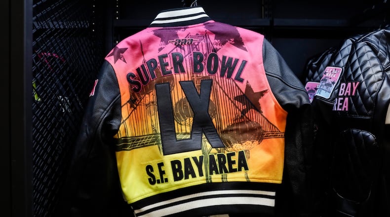 Motorcycle and bomber jackets by Pro are seen inside the official NFL Super Bowl LX Store at Moscone Center South,Tuesday, Feb. 3, 2026, in San Francisco. (Jessica Christian/San Francisco Chronicle via AP)