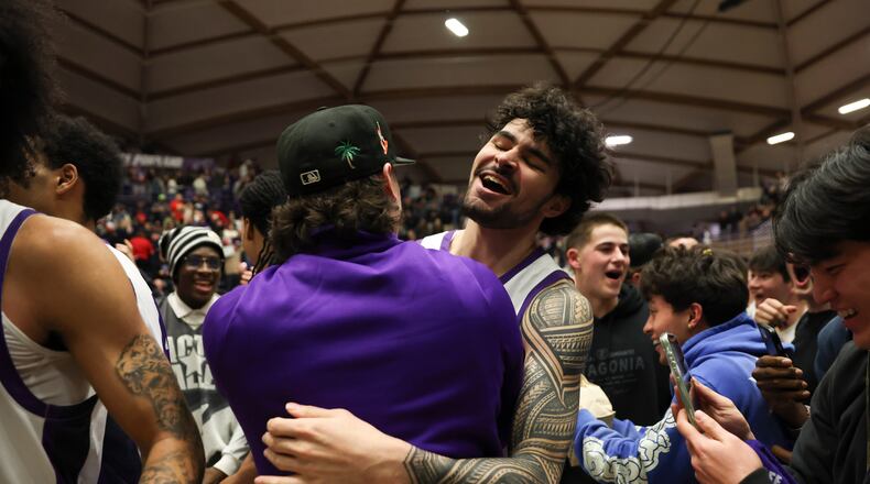 Portland forward Cameron Williams celebrates his team's win over Gonzaga following an NCAA college basketball game in Portland, Ore., Wednesday, Feb. 4, 2026. (AP Photo/Amanda Loman)