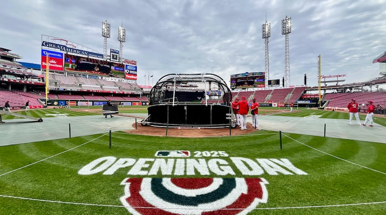 The scene at Great American Ball Park on Thursday, March 27, 2025, before an Opening Day game between the Reds and Giants at Great American Ball Park in Cincinnati. David Jablonski/Staff
