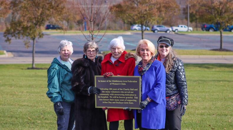 Five past presidents of the Middletown Area Federation Women’s Club attended a tree dedication recently at Atrium Medical Center. From left, Barb Brown, Ruthann Cassidy, Virginia Jenkins, Fran Sack and Doris Heidenrich. SUBMITTED PHOTO