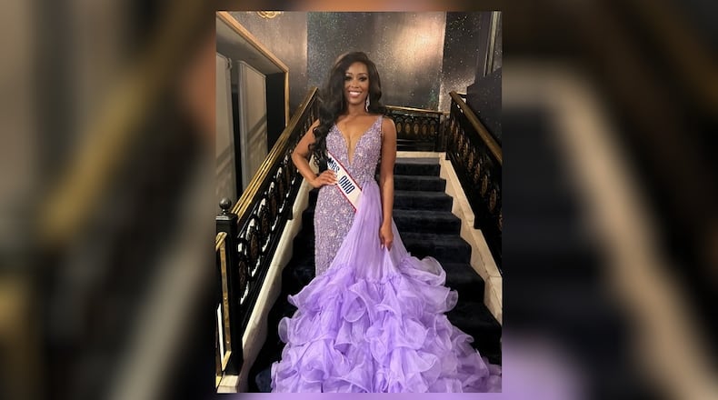 Anedra Million, a teacher at Highview Sixth Grade Center in Middletown, finished first runner-up in the Mrs. America pageant in Las Vegas. She wore a purple dress in honor of the Middletown school district and students, she said. SUBMITTED PHOTO