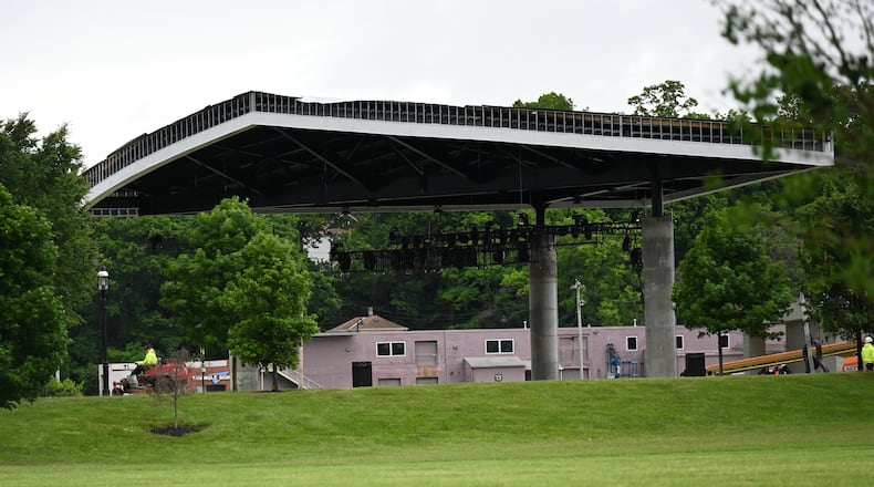 RiversEdge, Hamilton's outdoor concert venue at Marcum Park, is expected to have its new canopy completed ahead of the first concert at the end May. Pictured on May 22, is RiversEdge concert venue, which among other things, saw its canopy raised and expanded, video screens and new lights added, and the stage expanded. MICHAEL D. PITMAN/STAFF