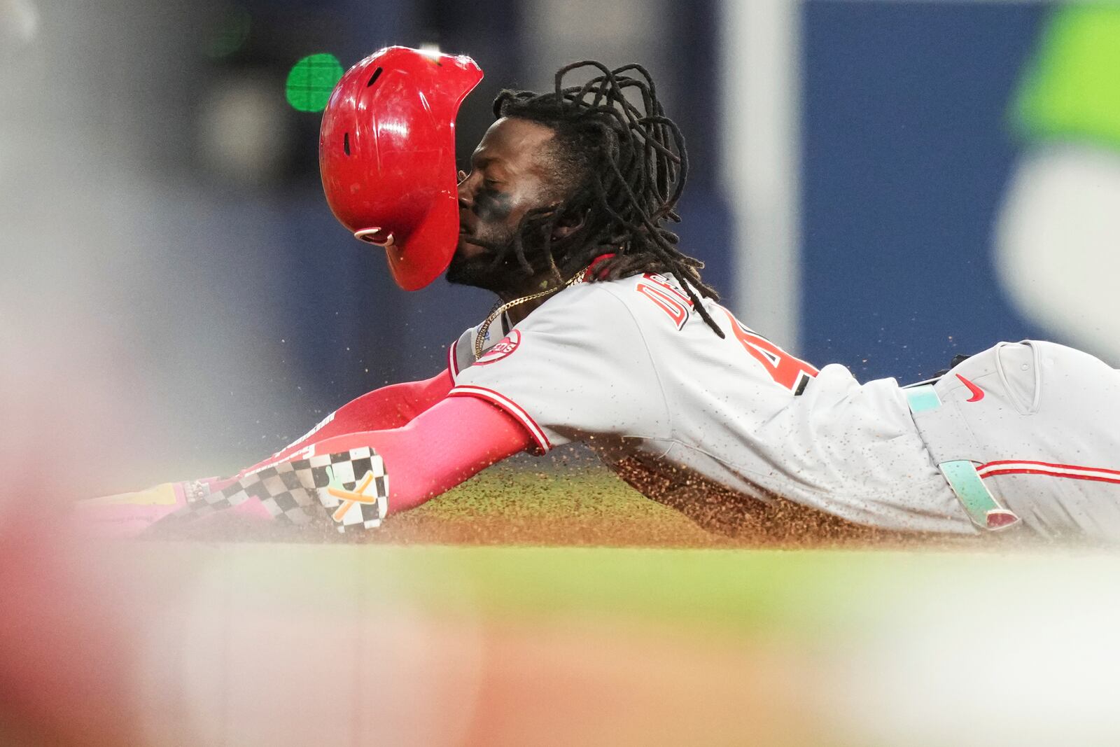Cincinnati Reds' Elly De La Cruz steals second during the sixth inning of a baseball game against the Miami Marlins, Tuesday, April 22, 2025, in Miami. (AP Photo/Lynne Sladky)
