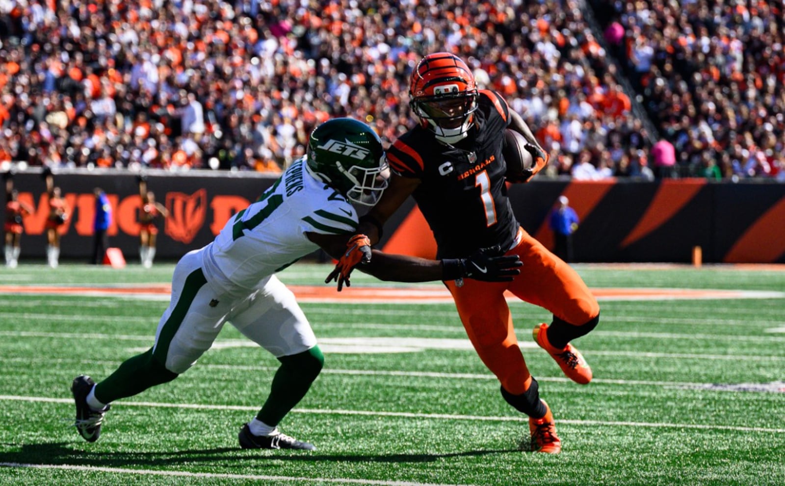 Ja'Marr Chase runs out wide after a reception in the first quarter of the Cincinnati Bengals vs. New York Jets football game Oct. 26, 2025 at Paycor Stadium. JEREMY MILLER/CONTRIBUTED