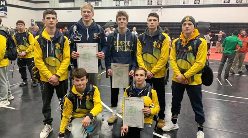 Monroe wrestlers (back row, from left): Micheal Frederickson, Will Striet, Sam Price, Kyle Mink, Alex Pitsch. Bottom row: Caleb Thomas, Spencer Haman. CONTRIBUTED PHOTO