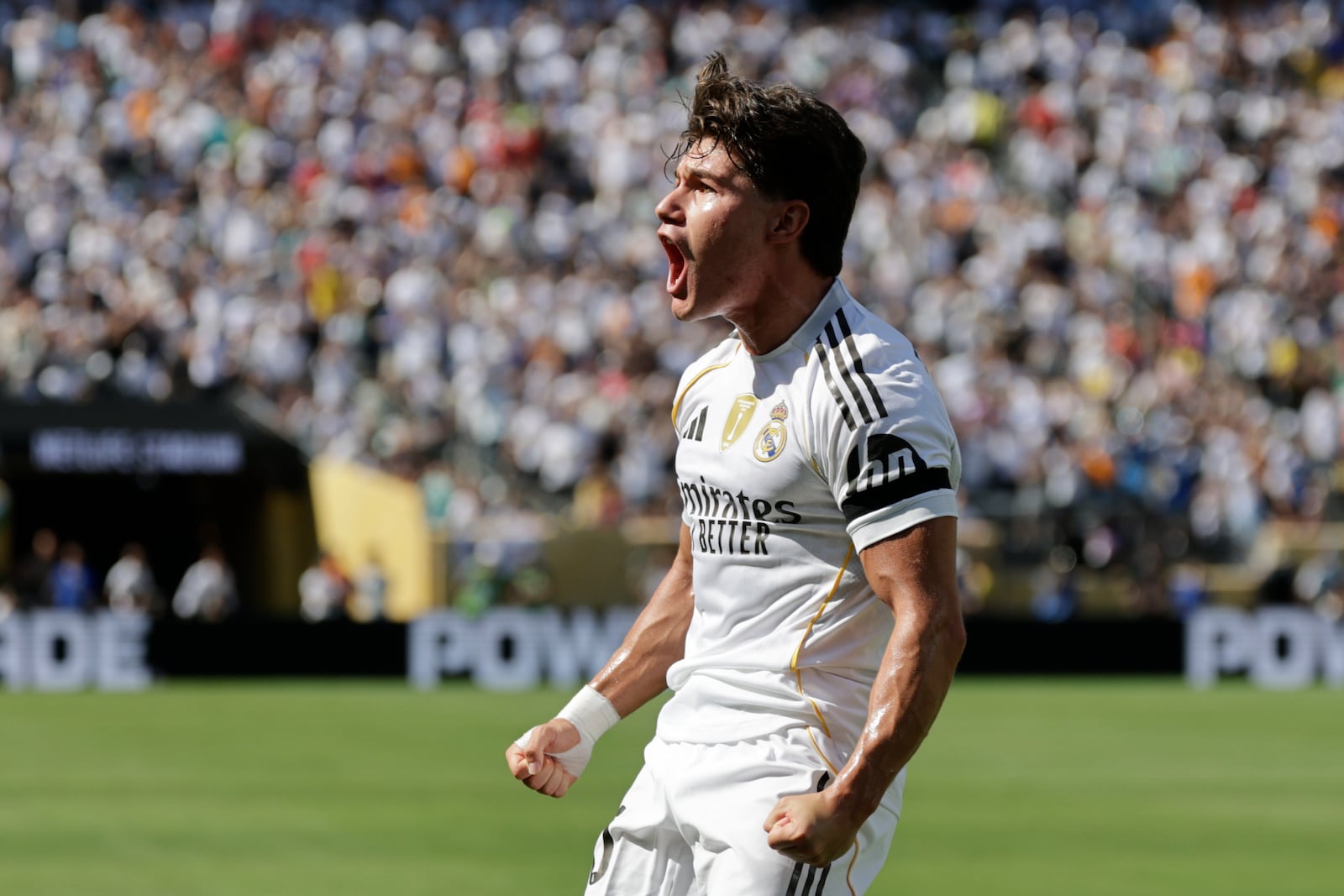 Real Madrid's Fran Garcia celebrates after scoring his side's second goal against Borussia Dortmund during the Club World Cup quarterfinal soccer match between Real Madrid and Borussia Dortmund in East Rutherford, N.J., Saturday, July 5, 2025. (AP Photo/Adam Hunger)