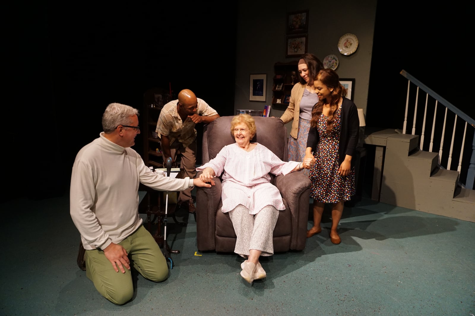 Actor Barb Jorgensen has been in 10 Young at Heart Players productions. Here she is surrounded by (left to right) 
Steve Strawser, Justin Lampkins, Kerry Simpson, and Bryana Bentley.