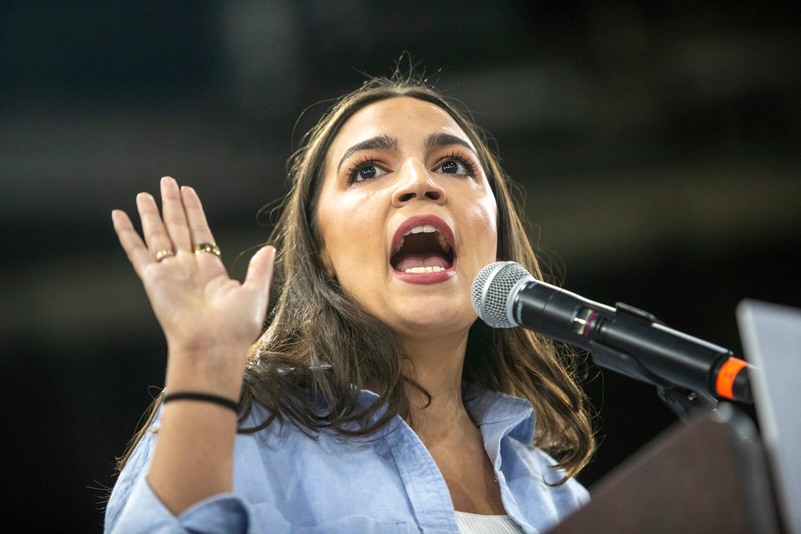 Rep. Alexandra Ocasio-Cortez, D-N.Y., speaks during a "Fighting Oligarchy" event at the Ford Idaho Center in Nampa, Idaho, Monday, April 14, 2025. (AP Photo/Kyle Green)