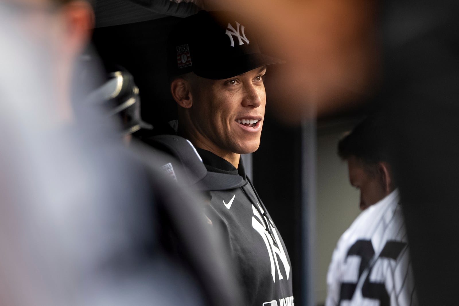 New York Yankees' Aaron Judge, who is out due to an injury, watches from the dugout during the second inning of a baseball game against the Philadelphia Phillies, Sunday, July 27, 2025, in New York. (AP Photo/Angelina Katsanis)