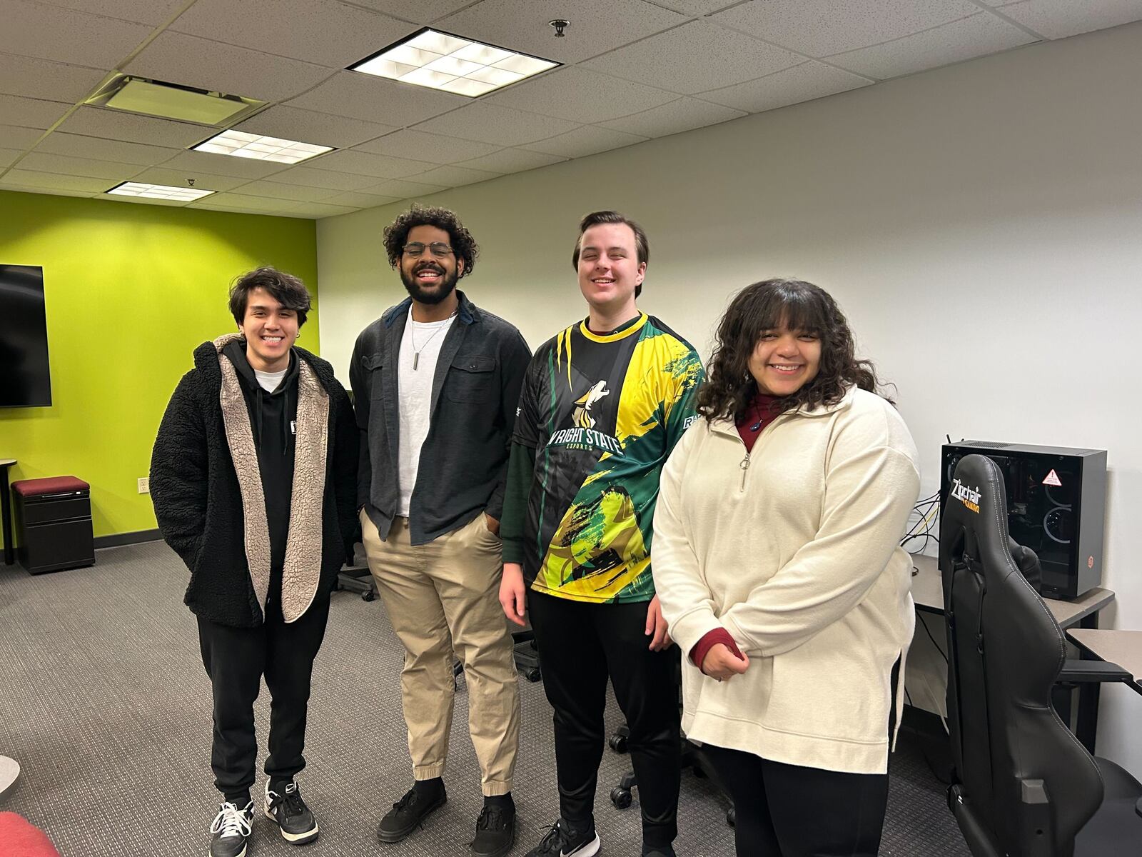 Wright State University esports team. From left to right: Stephen Truong, Abner Conyers, Luke Buell, Courtney Carpenter.