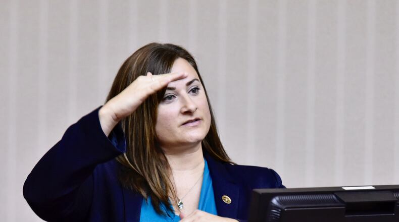 Jennifer Dillion, an investigator with the Ohio Bureau of Criminal Investigation, testifies Wednesday about phone numbers she analyzed to determine what towers the calls originated from as well as Facebook messages between William Tucker and former girlfriends. NICK GRAHAM/STAFF