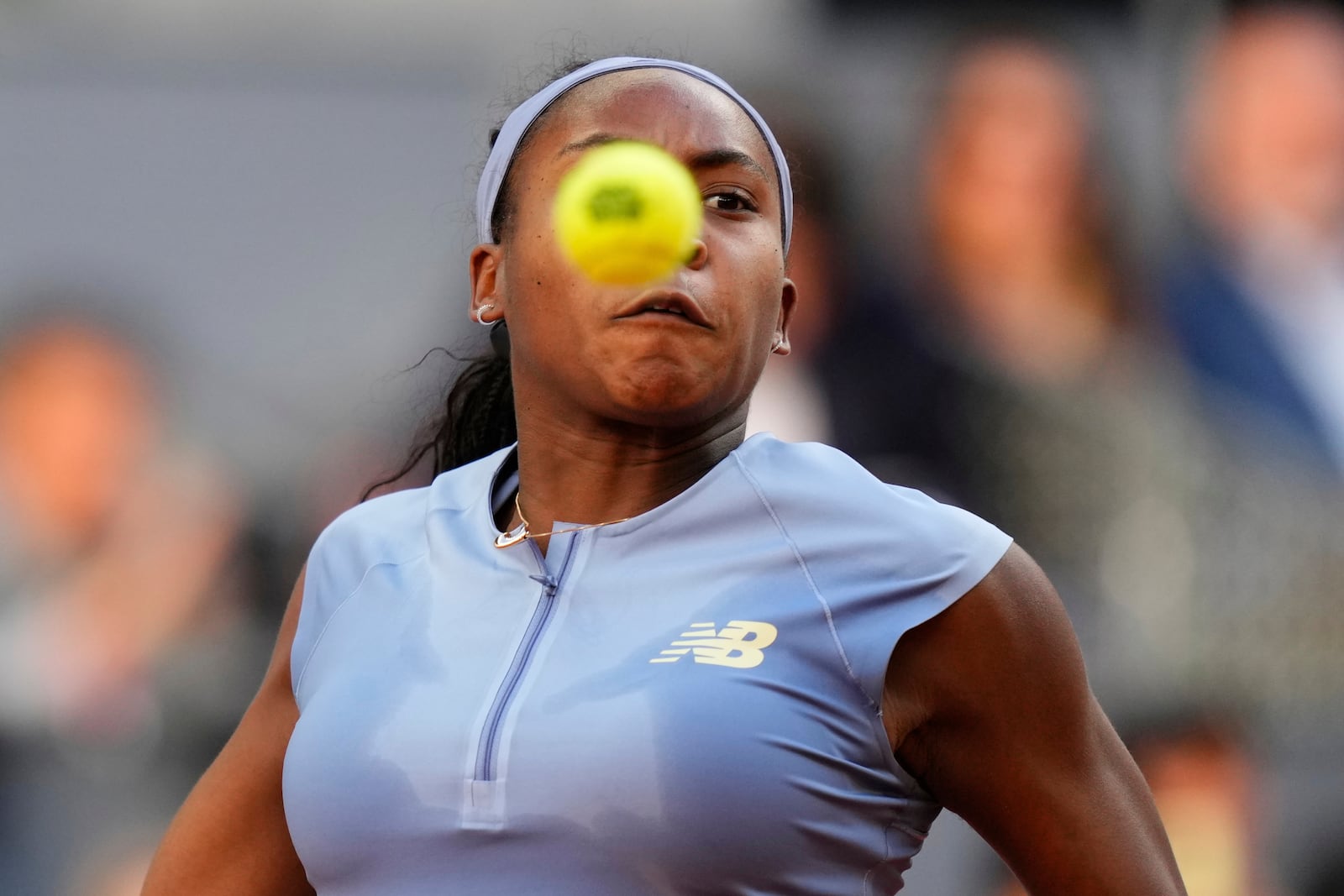 United States' Coco Gauff returns to Aryna Sabalenka of Belarus during the Madrid Open tennis final in Madrid, Spain, Saturday, May 3, 2025. (AP Photo/Jose Breton)