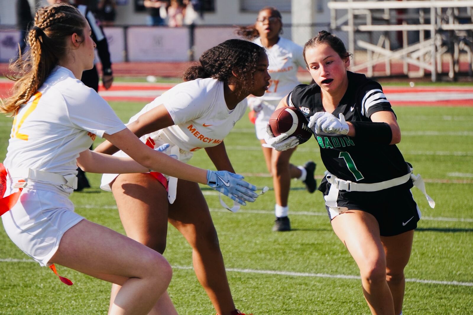 Badin High School's Abby Mathews (1) rushes with the ball against Mercy McAuley on Saturday at La Salle. Chris Vogt/CONTRIBUTED PHOTO