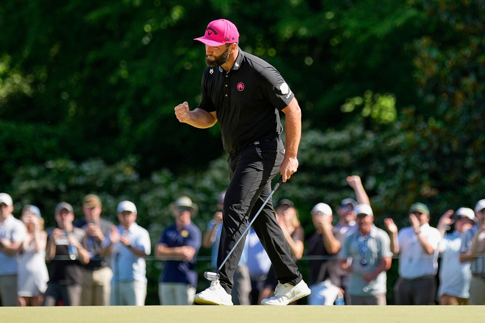 Jon Rahm, of Spain, celebrates after a birdie on the 11th hole during the final round of the PGA Championship golf tournament at the Quail Hollow Club, Sunday, May 18, 2025, in Charlotte, N.C. (AP Photo/George Walker IV)