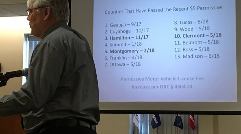Warren County Engineer Neil Tunison will have another $1.1 million for road and bridge projects since the county commissioners approved a $5 increase in motor vehicle fees. He stands in front of a list of counties that have added the fee. STAFF / LAWRENCE BUDD