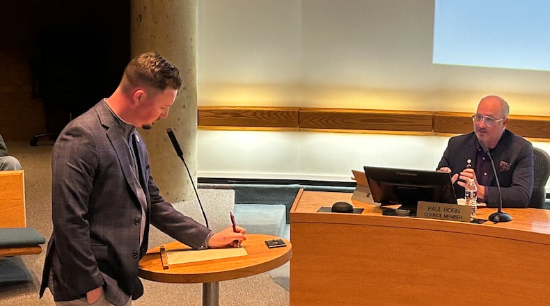 State Rep. Thomas Hall, R-Madison Twp., spoke during Tuesday's City Council meeting about why the city received no funds from the state. RICK McCRABB/STAFF