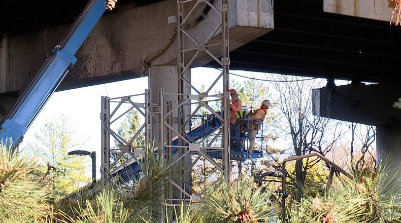 The first of six shoring towers underneath the Big Mac Bridge is installed on Nov. 11, 2024. MADDY SCHMIDT/WCPO