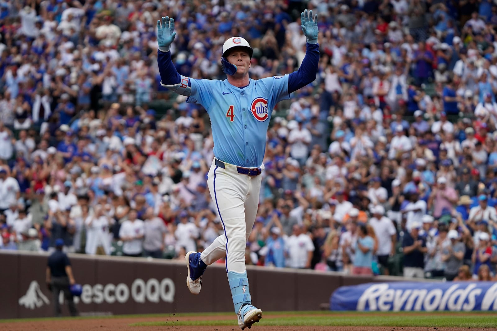 Chicago Cubs' Pete Crow-Armstrong runs the bases after hitting a home run against the St. Louis Cardinals during the first inning of a baseball game Friday, July 4, 2025, in Chicago. (AP Photo/David Banks)