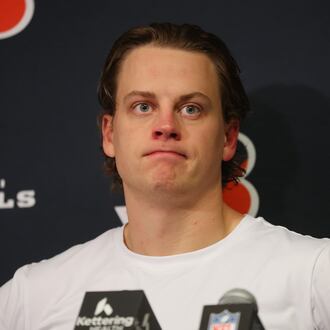 Cincinnati Bengals quarterback Joe Burrow pauses as he speaks during a news conference after an NFL football game against the Buffalo Bills Sunday, Dec. 7, 2025, in Orchard Park, N.Y. (AP Photo/Jeffrey T. Barnes)