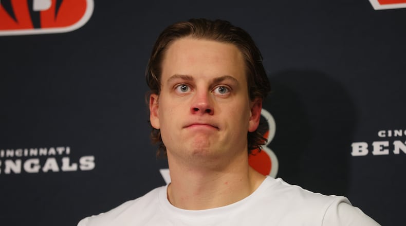 Cincinnati Bengals quarterback Joe Burrow pauses as he speaks during a news conference after an NFL football game against the Buffalo Bills Sunday, Dec. 7, 2025, in Orchard Park, N.Y. (AP Photo/Jeffrey T. Barnes)