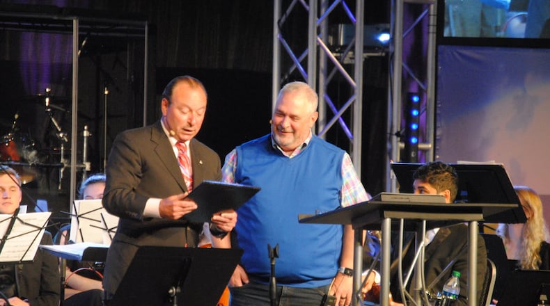 Fairfield Mayor Steve Miller swapped roles with Tri-County Assembly of God pastor Brad Rosenberg on Sunday, May 13, 2018, delivering a Mother’s Day-themed sermon in front of his mother and a crowd of hundreds, after Miller proclaimed Rosenberg mayor for the day. ERIC SCHWARTZBERG/STAFF