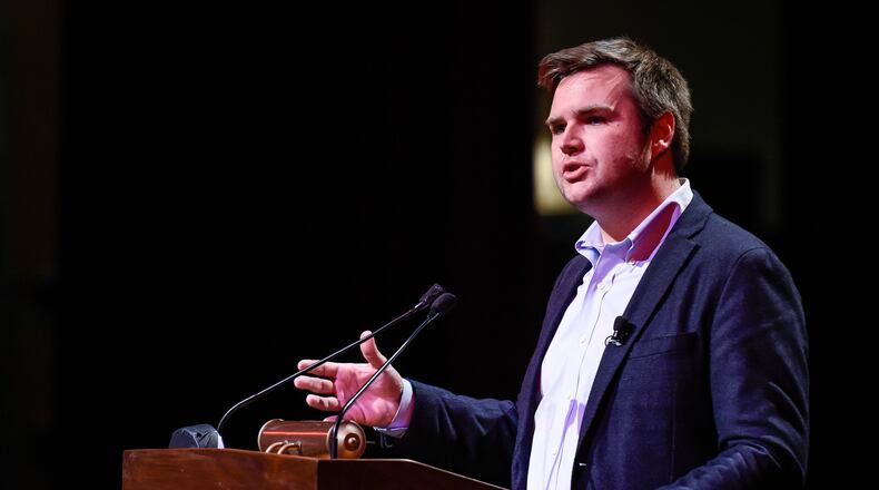 J.D. Vance, author of the best-selling book “Hillbilly Elegy: A Memoir of a Family and Culture in Crisis” and Middletown native, speaks to the crowd during the 2017 Alex & Lena Casper Memorial Lecture March 9 at Dave Finkelman Auditorium at Miami University Middletown campus in Middletown. NICK GRAHAM/STAFF