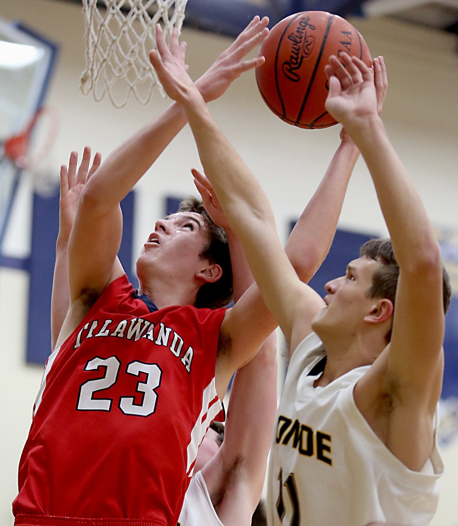 Talawanda’s Ty Hornsby (23) is challenged by Monroe guard Thryceton Deckard during their game at Monroe on Tuesday night. CONTRIBUTED PHOTO BY E.L. HUBBARD