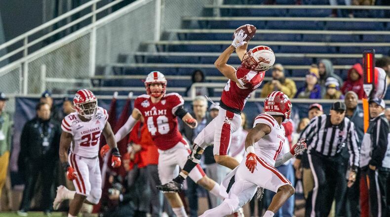 Miami’s Jack Sorensen catches a pass during Monday’s LendingTree Bowl vs. Louisana-Lafayette in Mobile, Ala. Sorensen finished with 10 catches for 107 yards. Photo courtesy of Miami Athletics