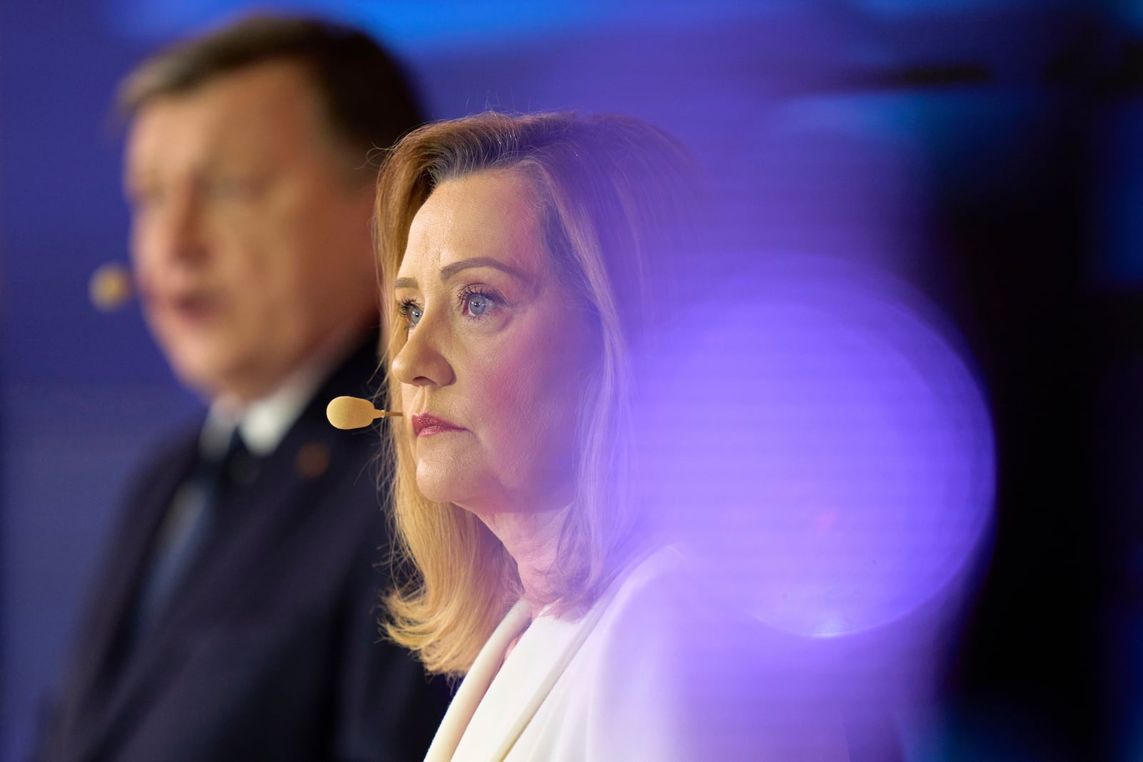 Presidential Candidate ELena Lasconi listens to questions during a live electoral debate in Bucharest, Romania, Monday, April 28, 2025. (AP Photo/Vadim Ghirda)