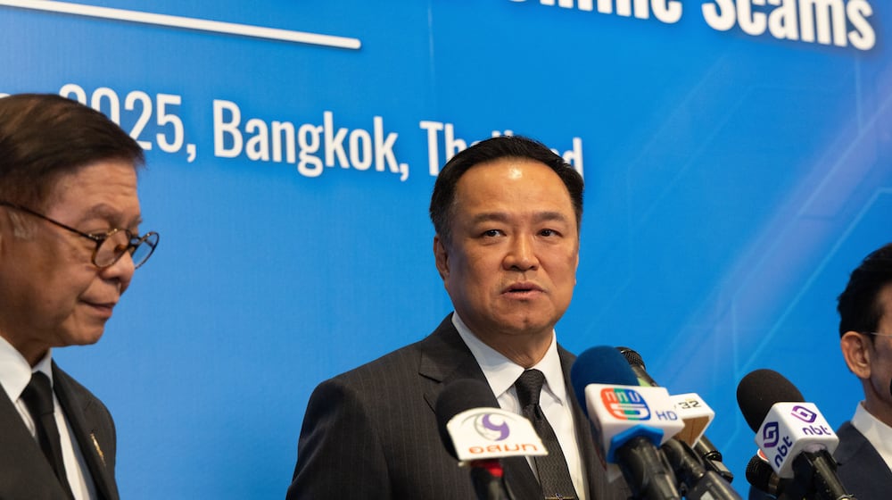 Thai Prime Minister Anutin Charnvirakul answers journalists' questions during the International Conference on the Global Partnership against Online Scams in Bangkok, Thailand, on Wednesday, Dec. 17, 2025. (AP Photo/Anton L. Delgado)