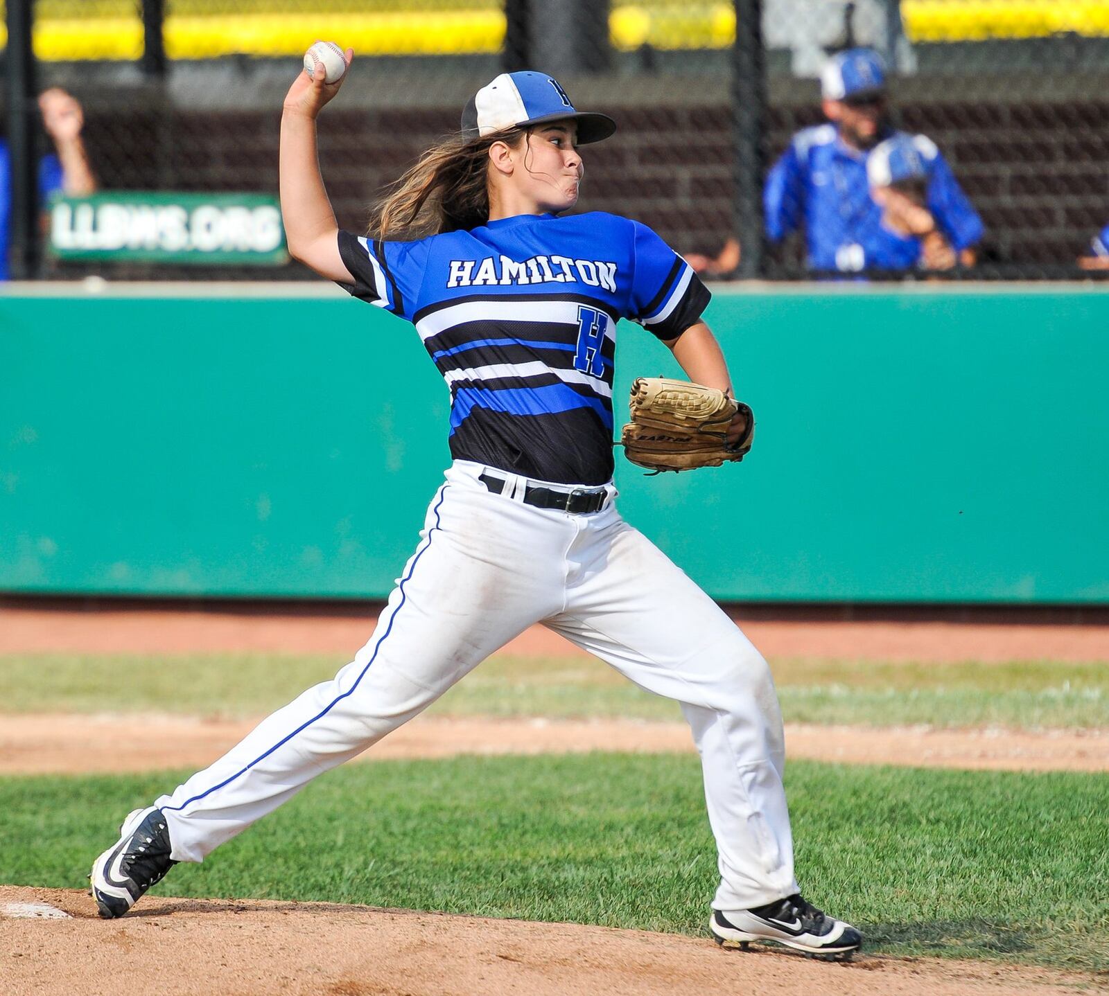 Hamilton West Side’s Jaycee Taylor throws a pitch during their 11-3 loss to Grosse Pointe Woods-Shores (Mich.) in their Little League Great Lakes Regional game Friday at Grand Park Sports Campus in Westfield, Ind. NICK GRAHAM/STAFF