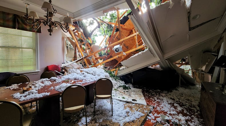 A welcome center at Forest Run MetroPark in Butler County was heavily damaged because of storms on Wed., June 22, 2022. NICK GRAHAM/STAFF