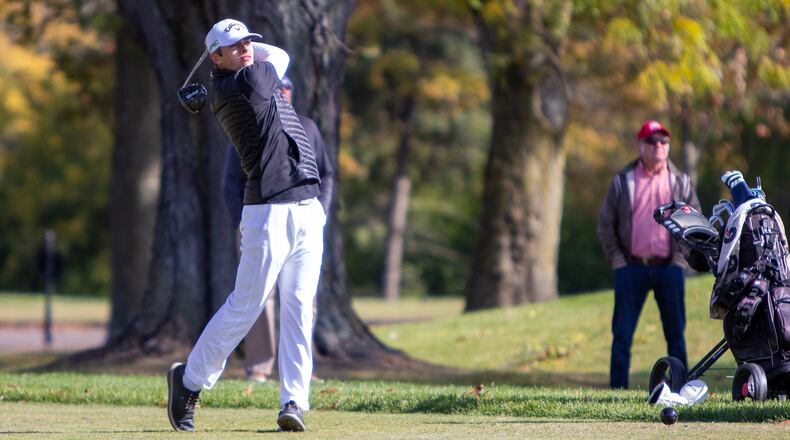 Fenwick senior Colin Schadek hits a tee shot during Saturday's Division II state tournament at the Ohio State Scarlet Course in Columbus. CONTRIBUTED/Jeff Gilbert