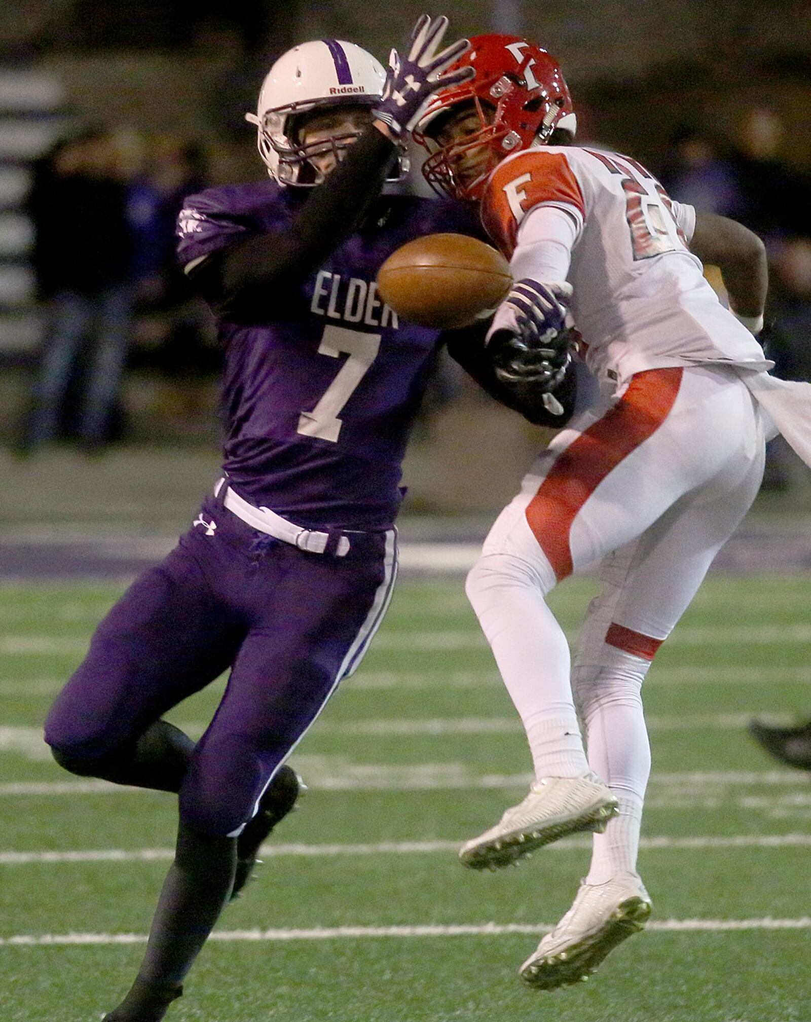 Fairfield defensive back Josiah Scott breaks up a pass intended for Elder wide receiver Nick Hall during their Division I playoff game Nov. 7, 2015, at The Pit in Cincinnati. CONTRIBUTED PHOTO BY E.L. HUBBARD