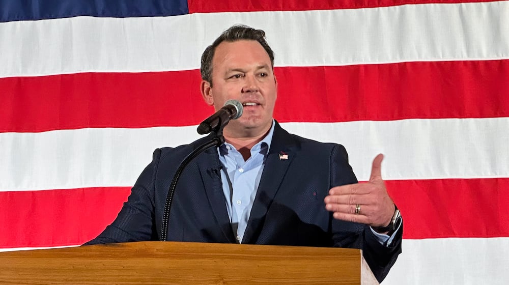 FILE - Georgia Republican Lt. Gov. Burt Jones speaks at a rally kicking off his 2026 campaign for governor, Aug. 26, 2025, in Flovilla, Ga. (AP Photo/Jeff Amy, File)