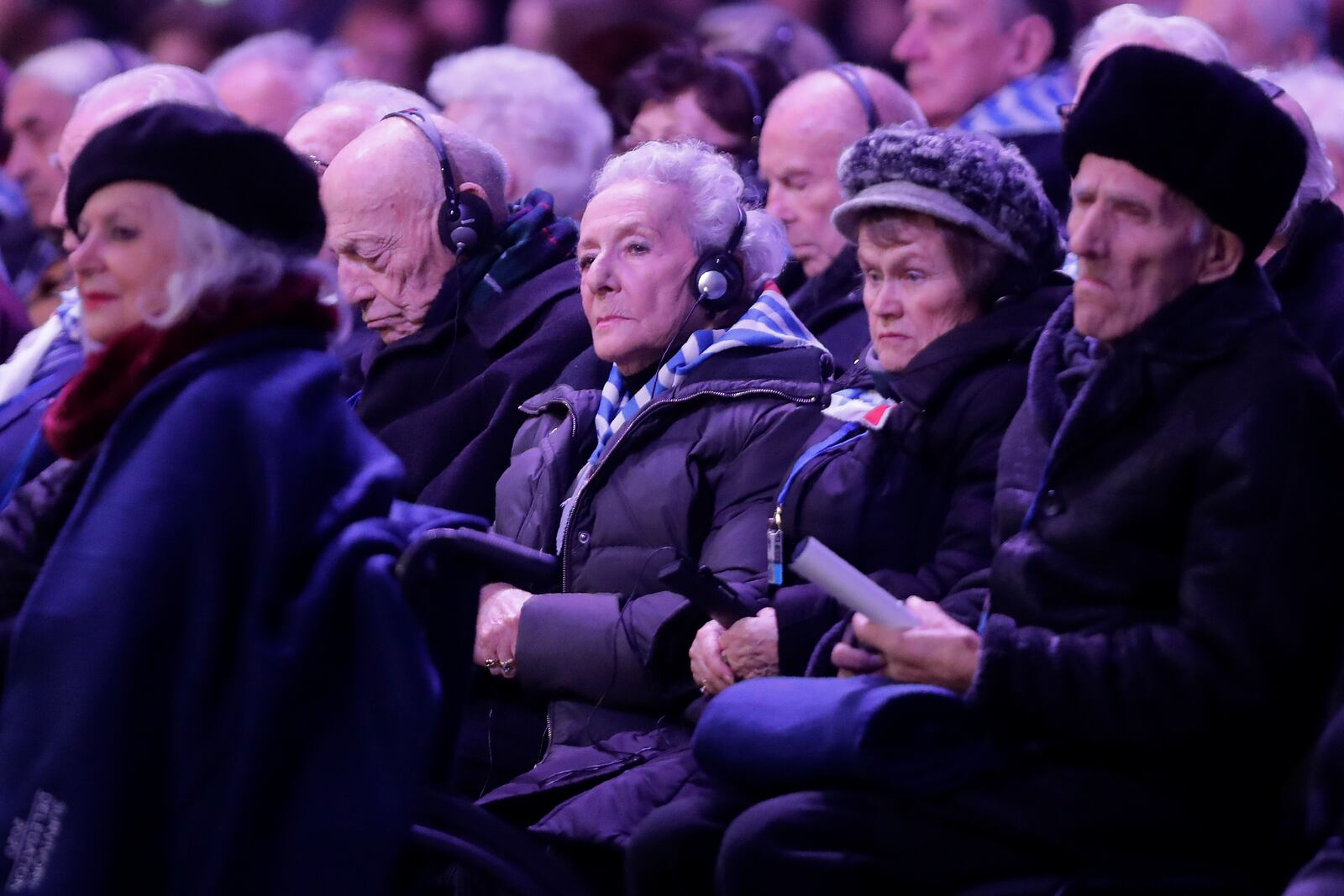 FILE — Holocaust survivors attend a ceremony at the Auschwitz-Birkenau Nazi death camp in Oswiecim, Poland, Jan. 27, 2020. (AP Photo/Markus Schreiber, File)