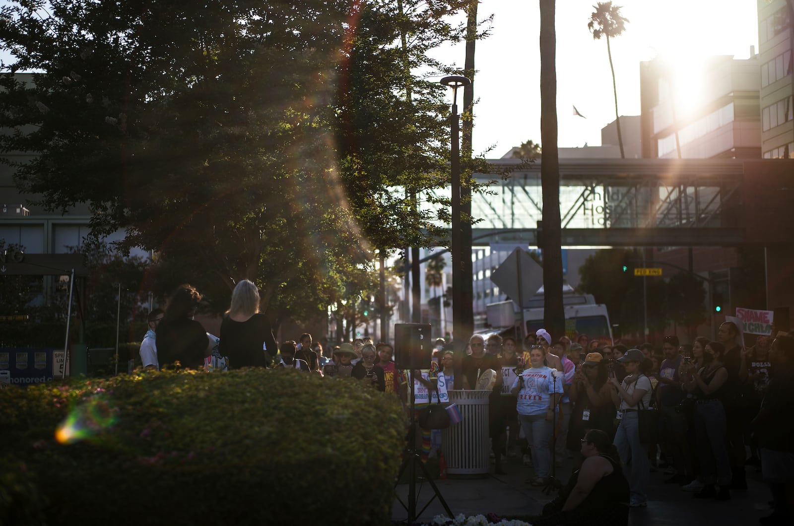 Protesters gather outside Children's Hospital Los Angeles, Thursday, July 3, 2025, in Los Angeles, to demonstrate against the closure of the hospital's trans youth clinic. (AP Photo/Jae C. Hong)