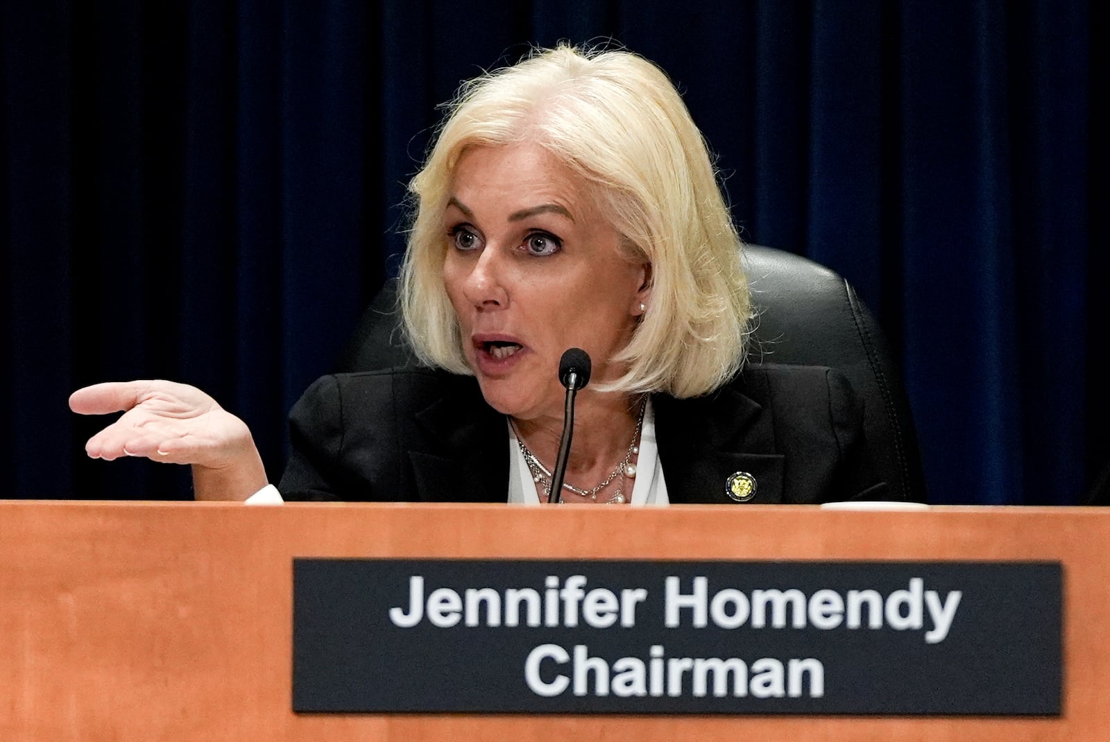 National Transportation Safety Board chairman Jennifer Homendy speaks during a meeting about Alaska Airlines Flight 1282, Tuesday, June 24, 2025. (AP Photo/Julia Demaree Nikhinson)