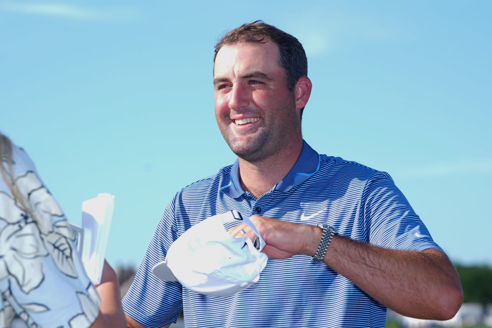 Scottie Scheffler smiles after winning the CJ Cup Byron Nelson golf tournament in McKinney, Texas, Sunday, May 4, 2025. (AP Photo/LM Otero)