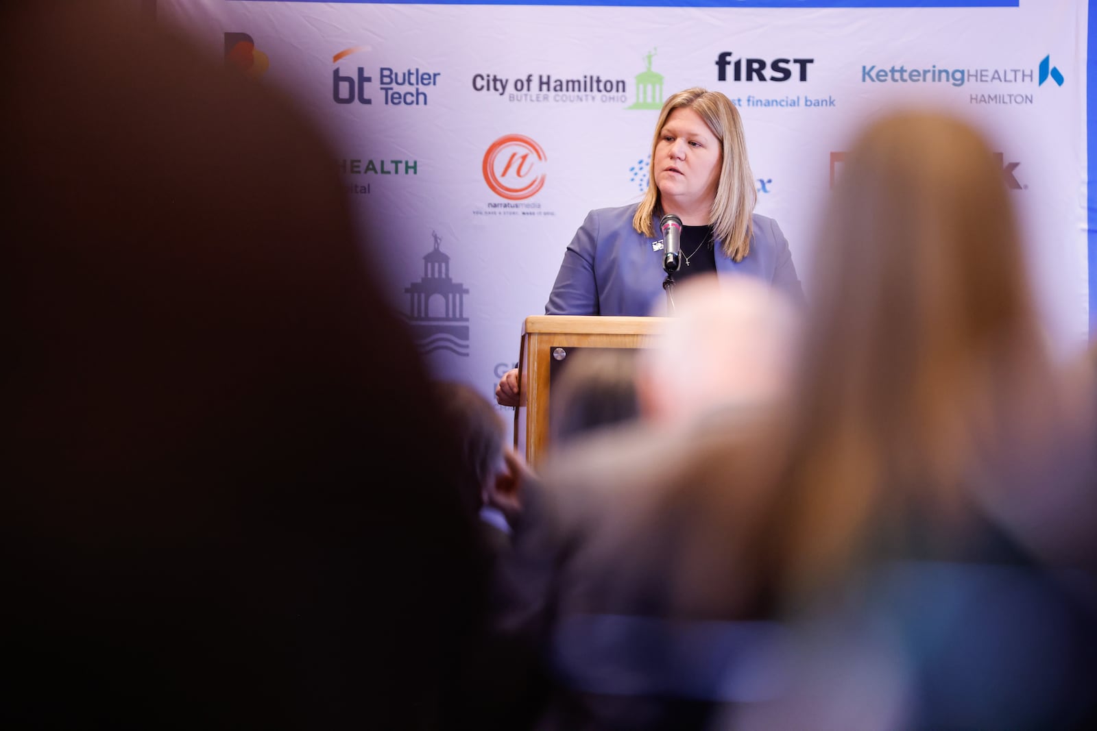 Hamilton superintendent Andrea Blevins speaks during the annual State of the Schools Red Carpet Luncheon Thursday, Feb. 19, 2026 at the Fitton Center for Creative Arts in Hamilton. NICK GRAHAM/STAFF