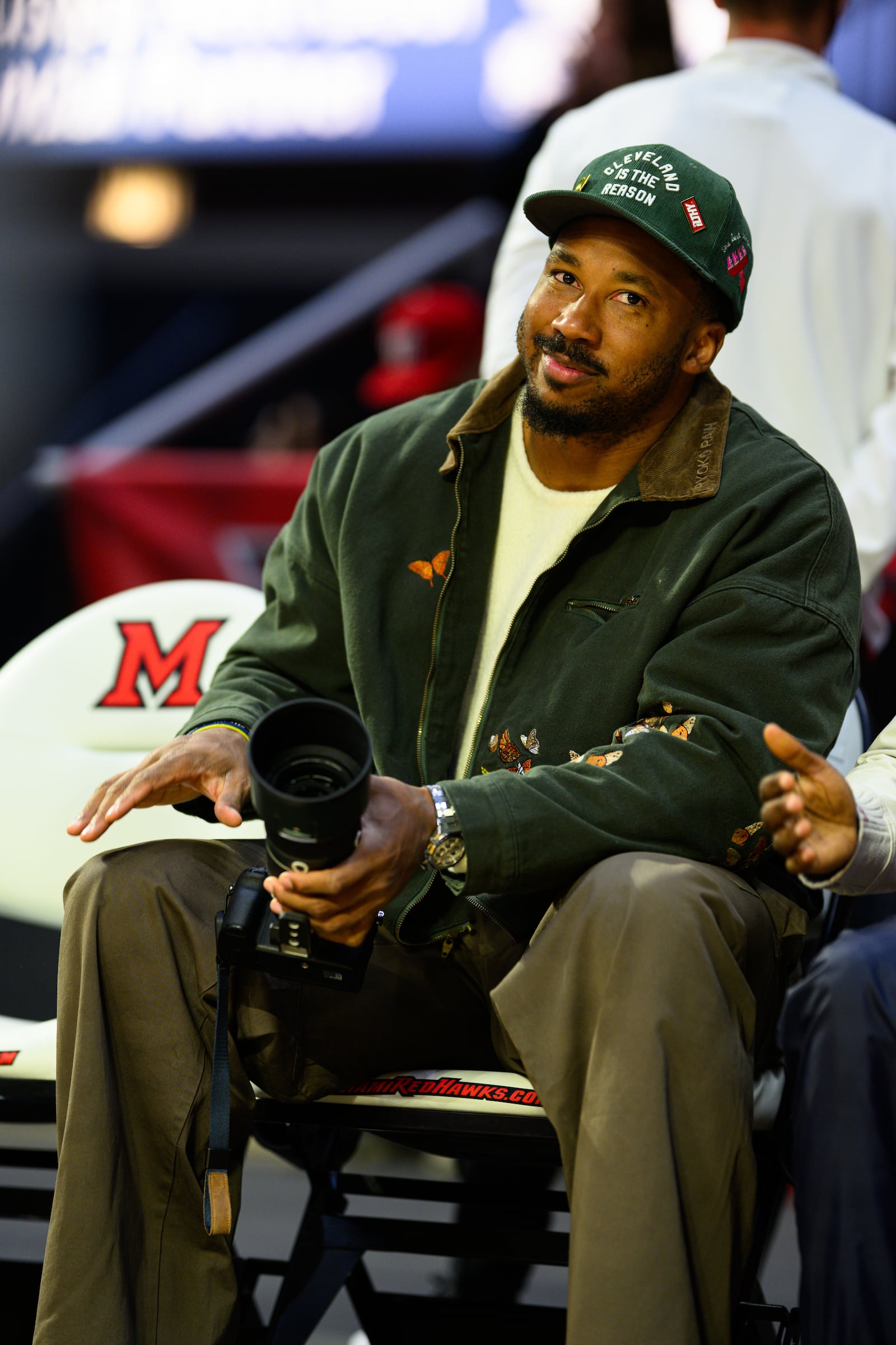 Cleveland Browns defensive end Myles Garrett sits courtside at Miami University's game against Bowling Green on Friday, Feb. 20, 2026 at Millett Hall. The RedHawks won 91-77. JEREMY MILLER / CONTRIBUTED PHOTO