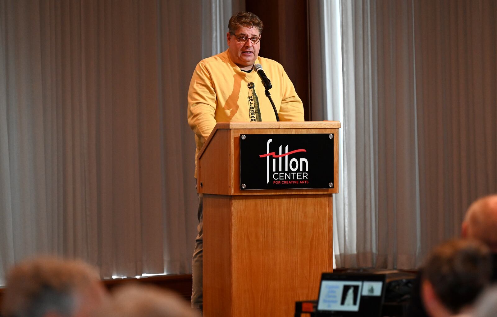 Chris Maraschiello, a teacher in the Hamilton school district and local historian talks on Wednesday afternoon, April 2, 2025, at the Fitton Center, about the oddity of a well-debunked theory formulated by Capt. John Cleves Symmes Jr., who settled in Butler County in the 1820s and is buried at Symmes Park, Hamilton’s first cemetery. MICHAEL D. PITMAN/STAFF