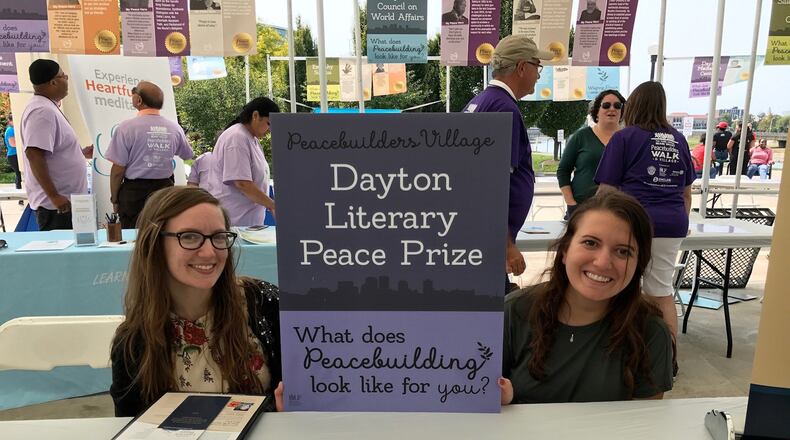 Pictured are the Dayton Literary Peace Prize’s new administrative assistant Emily Kretzer (left) and University of Dayton intern, Karen Naim. SUBMITTED PHOTO BY ANDY SNOW