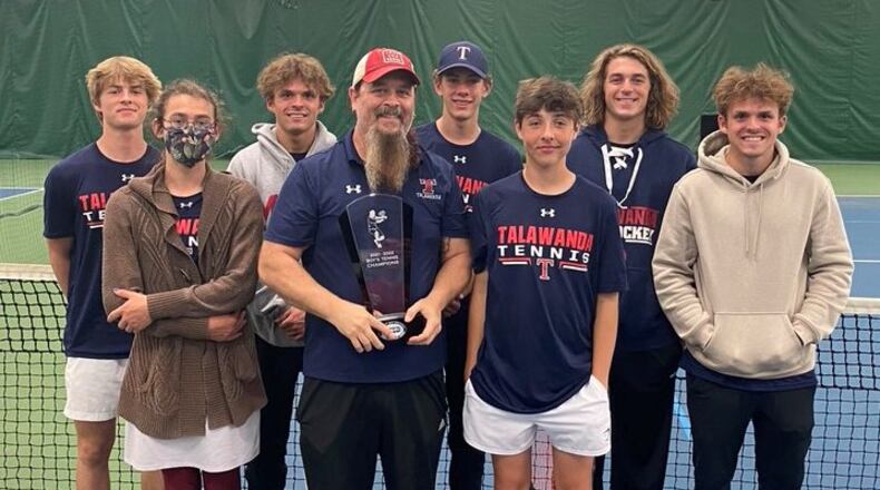 Talawanda’s boys tennis team brought home the trophy for the Southwest Ohio Conference championship. Pictured are (front row, from left) sophomore Jade Ney, coach Pete Thomas and freshman Milo Flaspohler; (back row) sophomore Bryce James, senior Justin Clawson, sophomore Aidan Bruder, senior Max Kelly and senior Jake Clawson. CONTRIBUTED