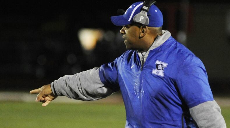 Xenia H.S. football coach Trace Smitherman at Trotwood in Week 9 of the 2018 high school football season. MARC PENDLETON / STAFF