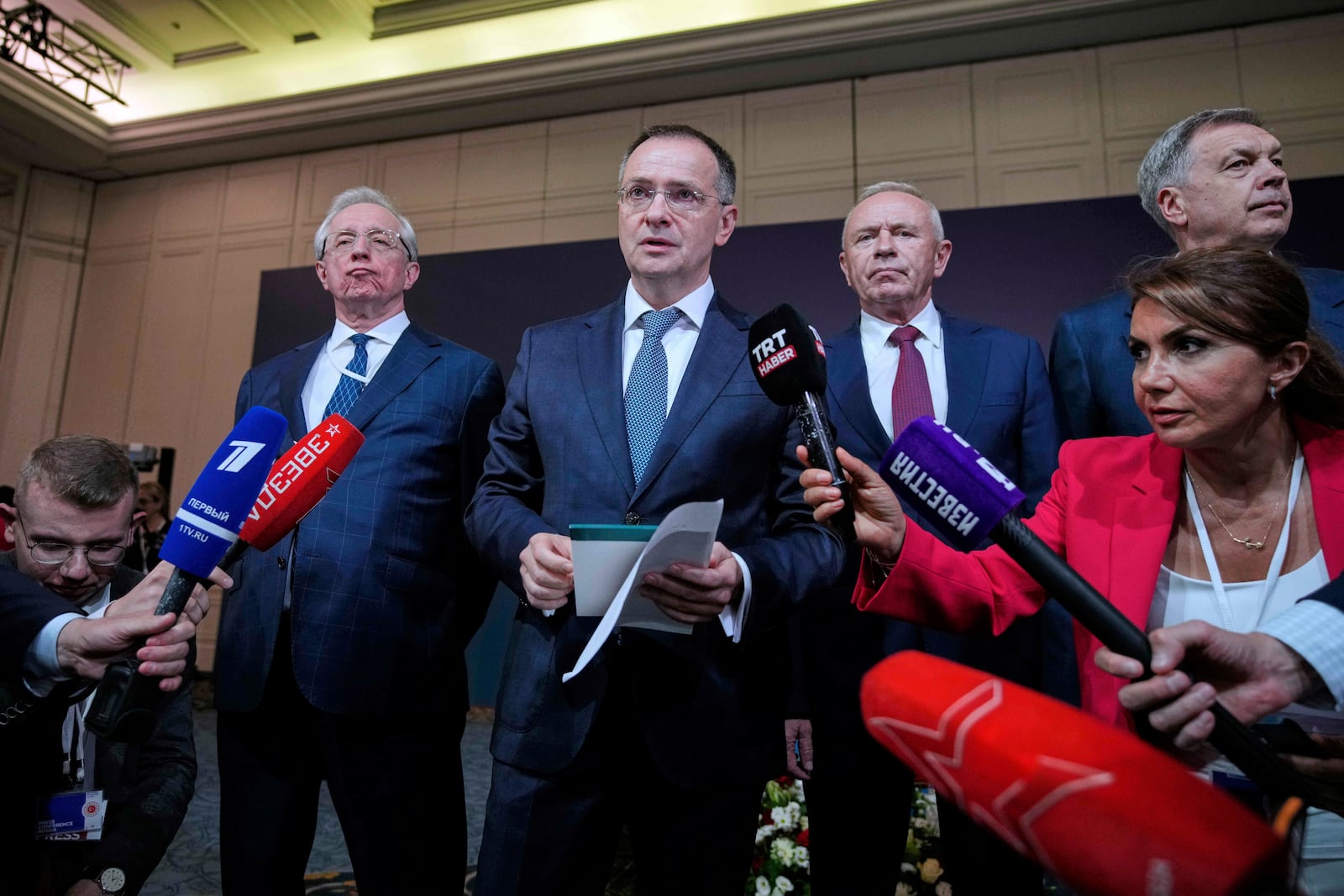 Russian presidential aide Vladimir Medinsky, second left, arrives for a news conference following a meeting between Russian and Ukrainian delegations for peace talks at Ciragan palace, in Istanbul, Turkey, Wednesday, July 23, 2025. (AP Photo/Emrah Gurel)